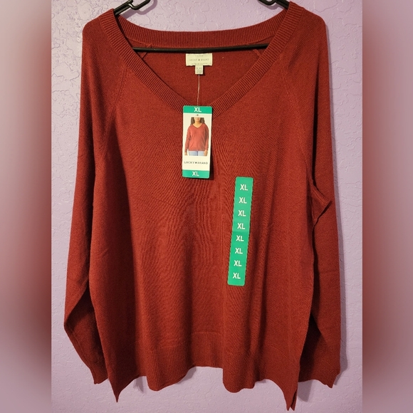 Lucky Brand Women's V-Neck Sweater, Long Sleeves, Side Slits, Cotton Blend, Red - Picture 1 of 9